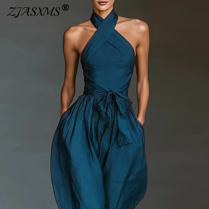 Chic Sexy Ciss Cross Halter Backless Jumpsuit Woman Spring Elegant Solid Tie Waist Romper Summer Hollow Wide Leg Pocket Overalls